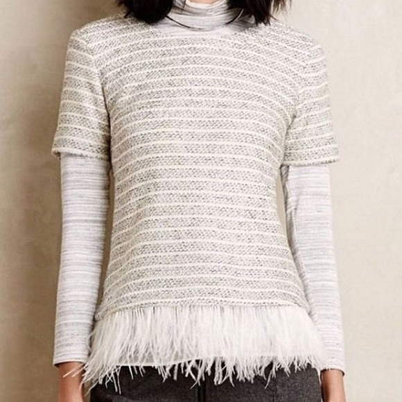 Anthropologie Deletta Feather Trim Boucle Knit Sweater Short Sleeve Lined LP - Picture 6 of 15